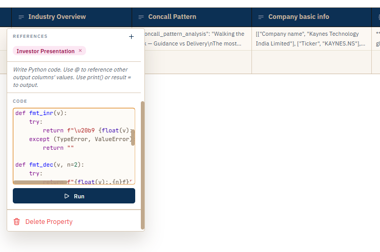 A Python tool output cell with a short script and its result